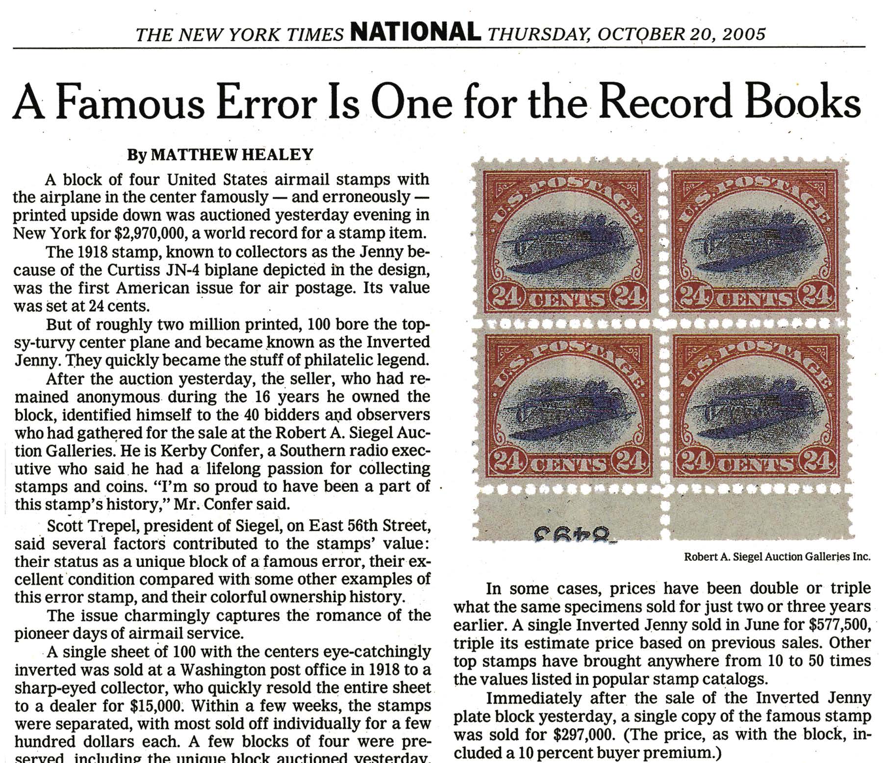 Inverted Jenny plate block news — Siegel Auction Galleries